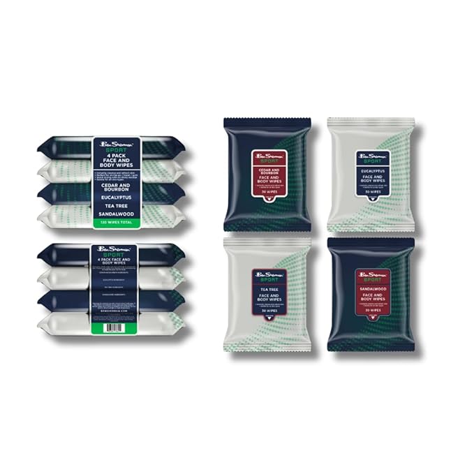 Ben Sherman Men's Face Wipes - 4 Pack (120 Total) Cleansing Wipes for Men with Cedar & Bourban, Eucalyptus, Tea Tree & Sandalwood