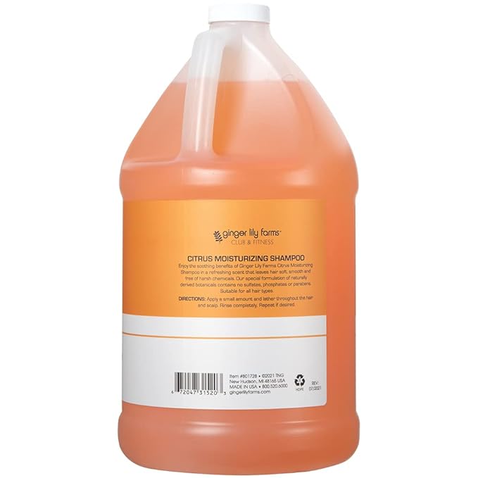 Ginger Lily Farms Club & Fitness Moisturizing Shampoo for All Hair Types, 100% Vegan & Cruelty-Free, Citrus Scent, 1 Gallon (128 fl oz) Refill