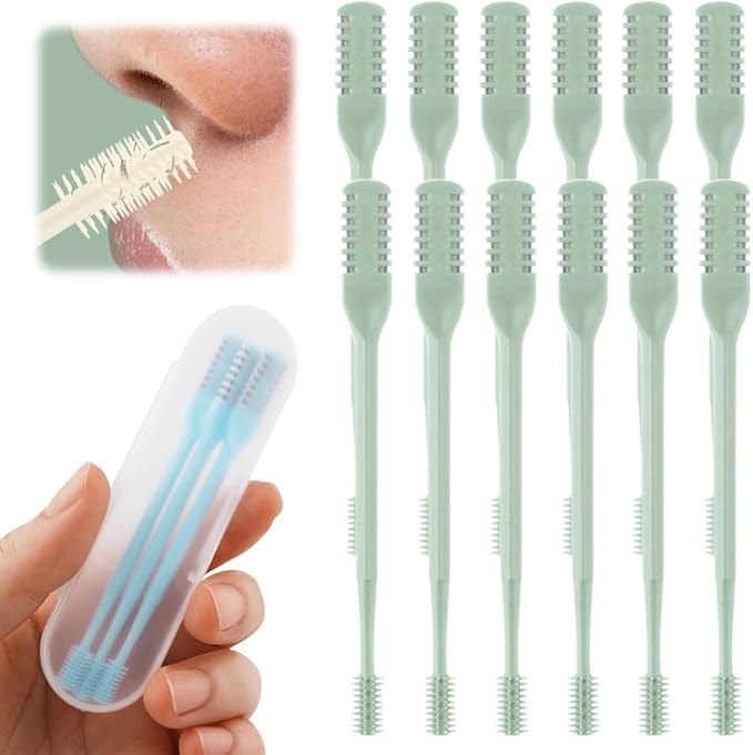 2-in-1 Nasal Hair Cutter, 2025 Upgrade 360° Rotating Nose Hair Trimmer with Double-Sided Blade & Ear Pick, Manual Nostril Hair Removal Tool for Men and Women, Soft Cleaning Brush (Green, 12PCS)