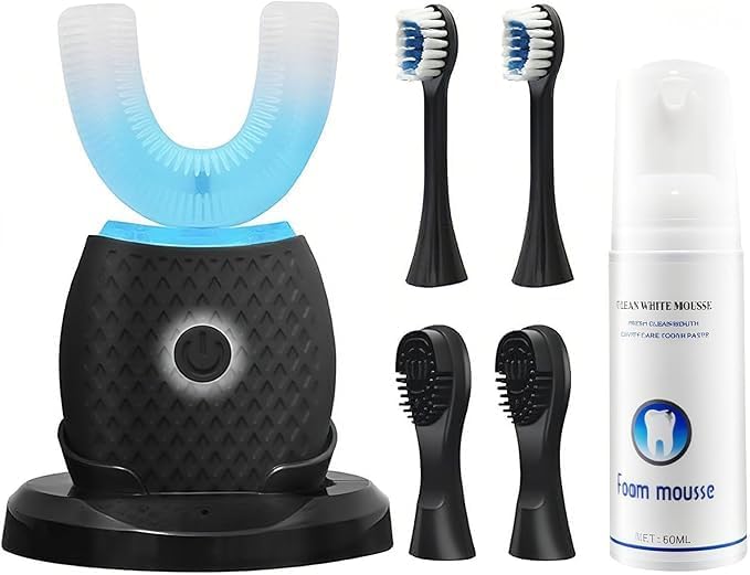 U-Shaped Electric Toothbrush for Adults, Ultrasonic Automatic Toothbrush with Foam Mousse, Hands-Free Cleaning, 4 Brush Heads, Blue LED Light, Rechargeable Charging Base (Black)
