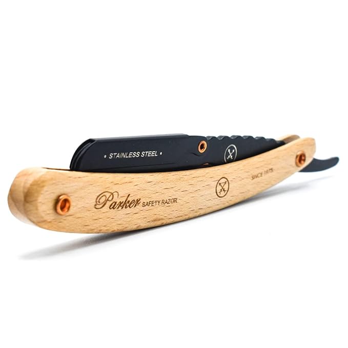 Parker SRP Pine Wood Handle Straight Edge Barber Razor – Stainless Steel Clip‑Type Straight Razor, 5 Premium Half DE Blades Included