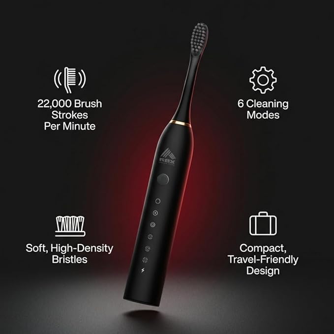 RBX Sonic Electric Toothbrush - Rechargeable Electric Toothbrush with 8 Brush Heads, Compact Travel Toothbrush, Ergonomic Handle, 6 Settings