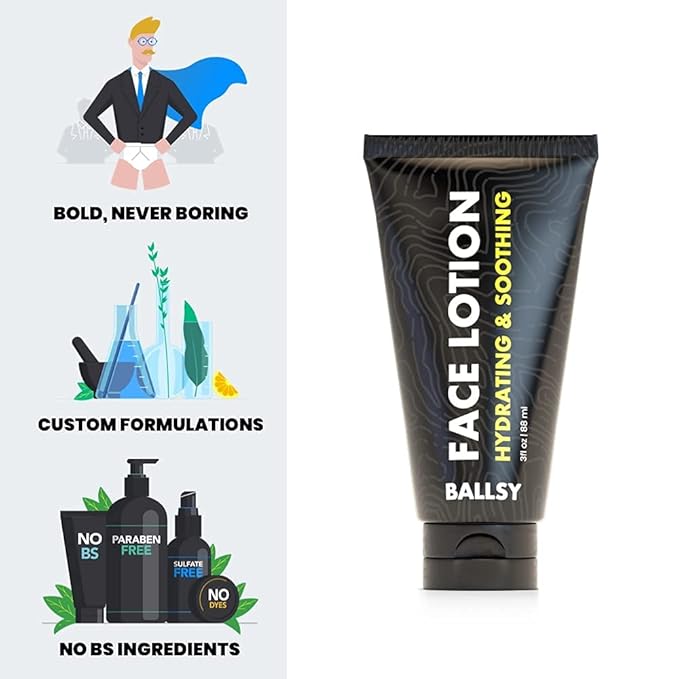 Ballsy Mens Face Lotion w/Vegetable Collagen, Caffeine, Coconut Oil, & More - Hydrating Lotion to Reduce Dryness, Aging Signs, Wrinkles –Cruelty Free, Paraben Free Men Face Moisturizer (3 Fl oz)