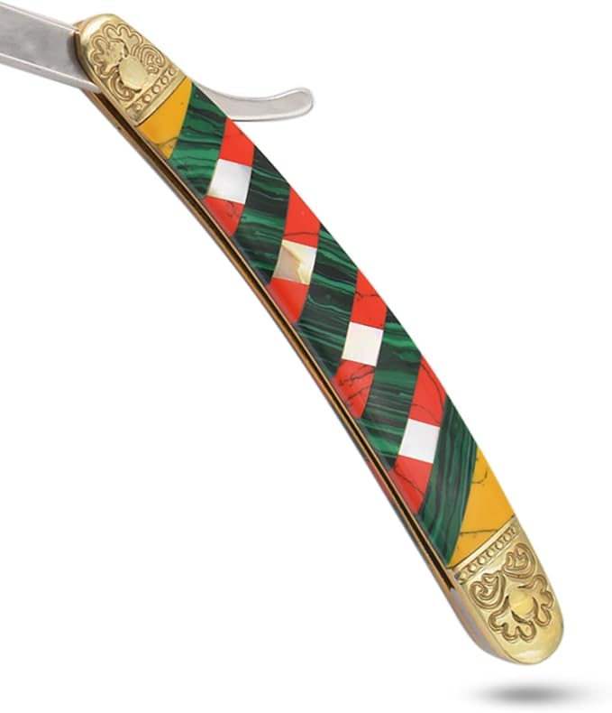 6.75" Straight Edge Razor – 3CR13 Stainless Steel Manual Folding Blade with Multi-Color Mosaic Handle and Engraved Brass Bolsters