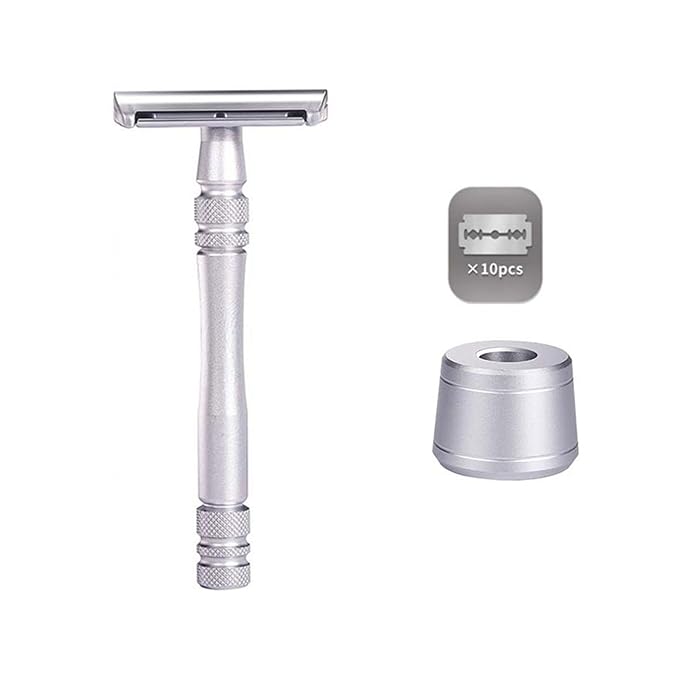 Men's and Women's Manual Razor Safety Razor with 10 Double Edge Blades, Double Edge Razor, Eco-Friendly, Smooth Close Shave, Plastic-Free, Easy to Carry for Traveling at Home (Silver + Base)
