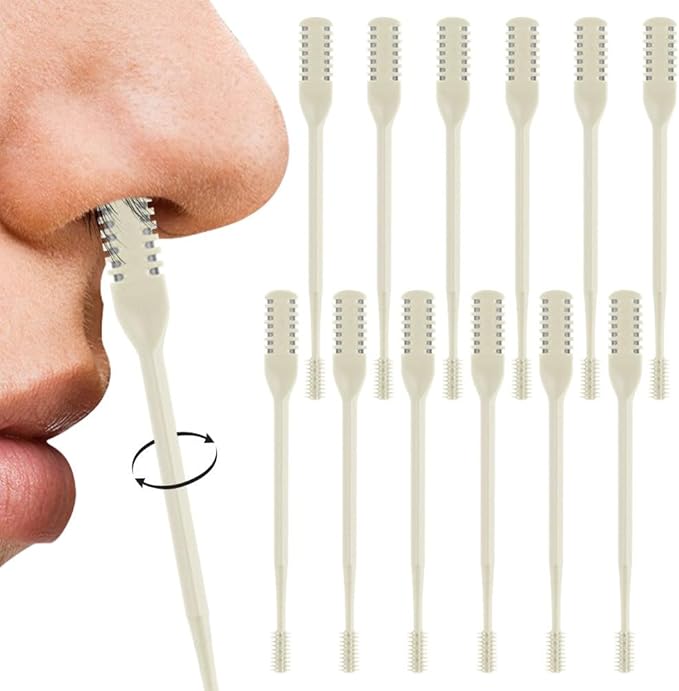 Nasal Hair Cutter, 2025 Double-Sided Nose Hairs Removal, Manual 360° Rotating Nostril Hair Removal Tool, Manual Nose Hairs Cutter, Nasal Hair Trimmer with Ear Picker for Women Men (Beige, 12PCS)