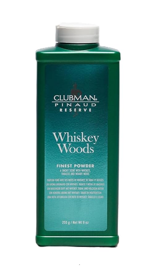 Clubman Reserve Whiskey Woods Finest Powder – Classic Men’s Body Powder for Men, Moisture & Odor Control, Barbershop Whiskey Wood Scent, 9 oz