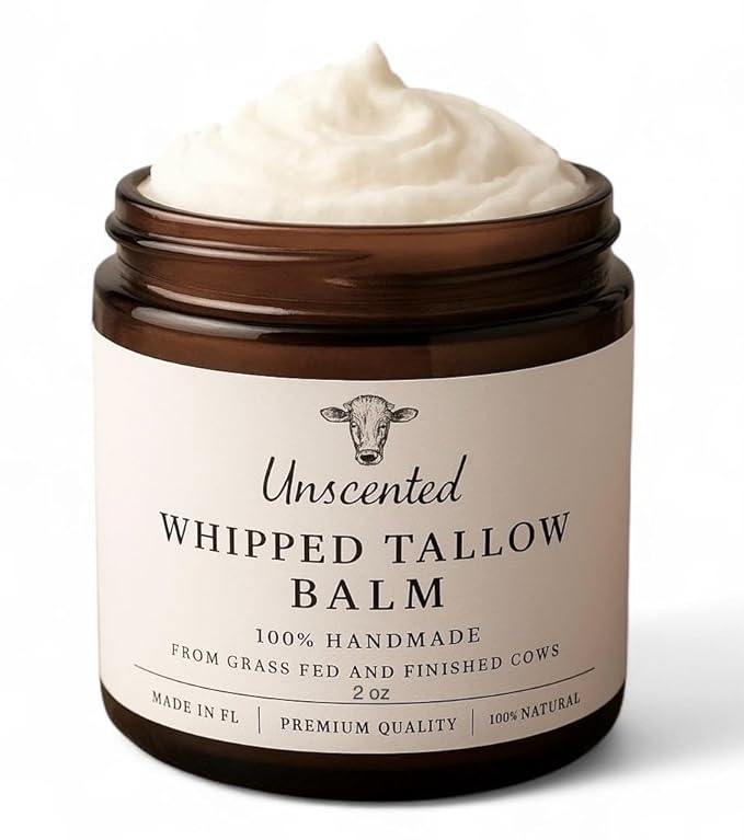 HANDMADE UNSCENTED Whipped Tallow Balm, 100% Natural Moisturizer from Grass-Fed Cows for Dry and Sensitive Skin. (2 oz, Unscented) - only one pure ingredient.