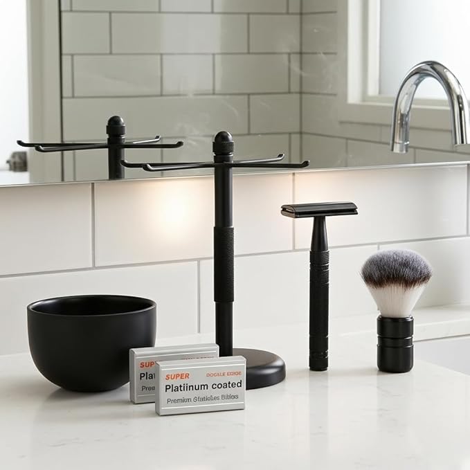 Men's Shaving & Grooming Set, Double Edge Safety Razor, Shaving Brush, Razor & Brush Stand,10 Blades, Shaving Bowl, Valentine Gift For Men, Gift for Fathers/Dads (Black).