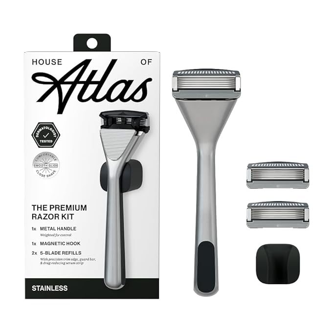 Premium Razor for Men, Handle + 2 Razor Blade Refills + Magnetic Shower Hook, Precision Trim Edge (Stainless)