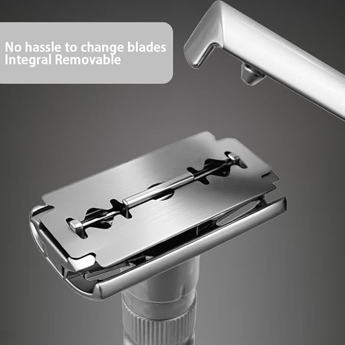 6-speed adjustable dual-blade safety razor with 10 platinum-coated stainless steel blades. Includes optional stand. Comes with complimentary travel pouch. (Silver + base + holster)