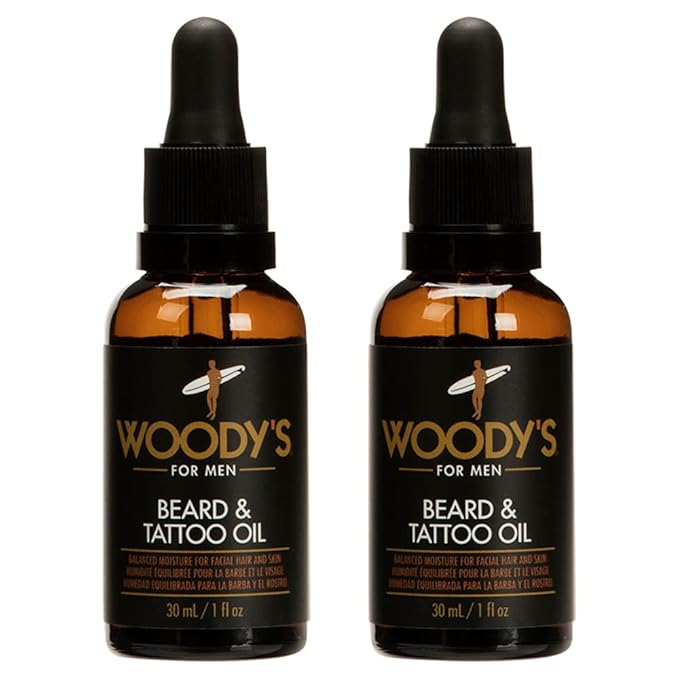Woody's Tattoo & Beard Oil for Men - Hydrating & Conditioning Mens Beard Oi for Mustache Facial Hair & Tattoo Enhancement, 1 fl oz, 2 Pack