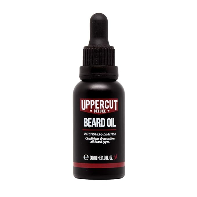 Uppercut Deluxe Beard Oil for Men, Lightweight Non-Greasy Beard Conditioner with Argan, Jojoba, Avocado & Rosemary Oils, Softens & Nourishes Beard, Patchouli Leather Scent, Beard Grooming Oil, 1 fl oz