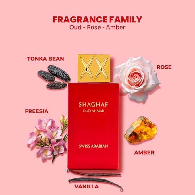 Swiss Arabian Shaghaf Oud Ahmar - Luxury Products From Dubai - Long Lasting And Addictive Personal EDP Spray Fragrance - Seductive, Signature Aroma - The Luxurious Scent Of Arabia - 2.5 oz