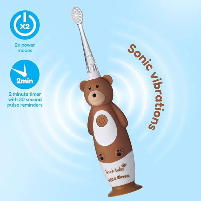 BrushBaby - WildOnes - Kids Rechargeable Electric Toothbrush, Ages 0-10 - Bear Design with Flashing Lights - DeepClean Bristles for Superior Cleaning - 2 Replacement Brush Heads, 1 USB Cable