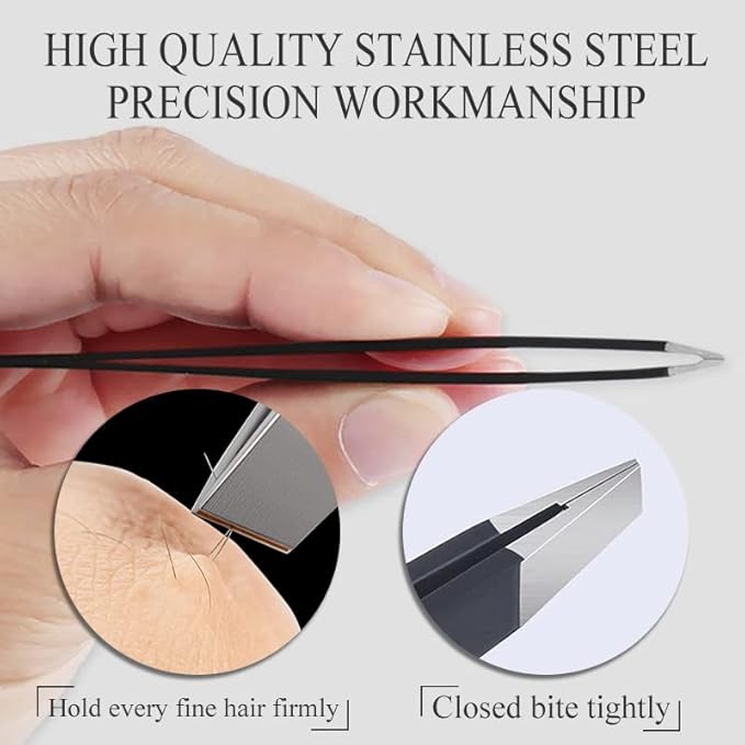 Eyebrow Tweezer Set for Women & Men - Professional Slant and Pointed Tweezers Set with Case - Precision Tweezers Kit for Facial Hair, Splinter and Ingrown Hair Removal (Black 4 piece)