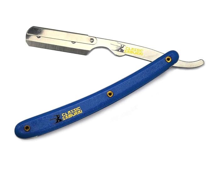 Stainless Steel Professional Barber Folding Straight Edge Razor Shavette Men's Shaving Kit with 200 Count Lord Single Edge Razor Blades (Blue)