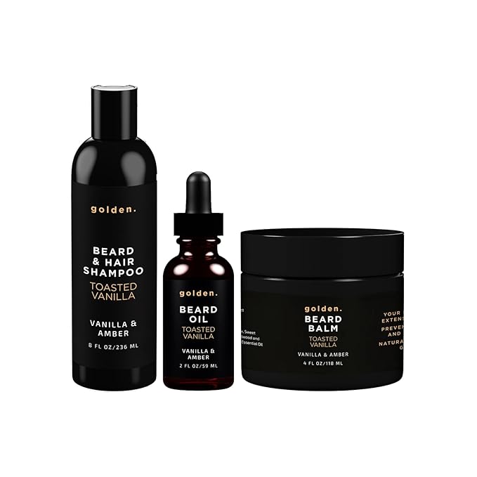 Golden Grooming Co. Everyday Beard Bundle – Complete Beard Care Set | Includes Beard Oil, Balm & Shampoo (XL, Toasted Vanilla)