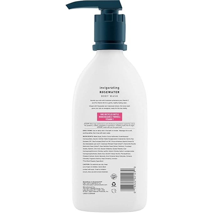 JASON Natural Body Wash & Shower Gel, Invigorating Rosewater, 30 Oz (Pack of 2)