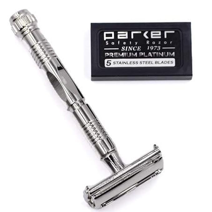 Parker, 90R Nickel Plated Long Handle Butterfly Open Double Edge Safety Razor for Men, 5 Parker Premium Platinum Double Edge Razor Blades Included