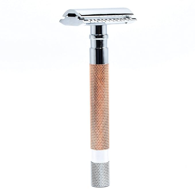 Parker 56R Heavyweight Double Edge Safety Razor with 5 Parker Premium Platinum Stainless Steel Razor Blades – Classic 3 Piece Design (Rose Gold))