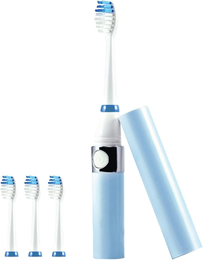 Pursonic Portable Sonic Toothbrush Battery Operated, Battery Included, 3 Brush Heads Included, 22,000 Strokes Per Minute, Brush On The Go (Blue)