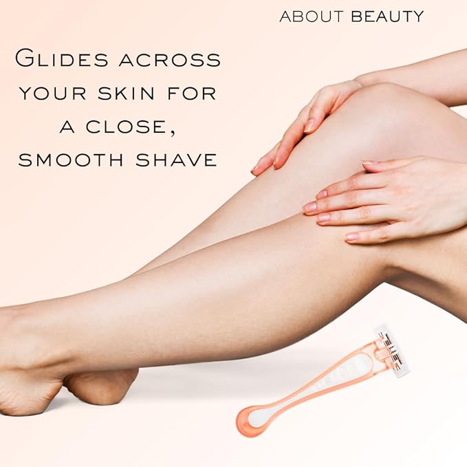 About Beauty Spa Shave 3 Blade Disposable Razors, Includes 4 Disposable Razors, Skin-Soothing Coconut Oil Moisture Pad Gently Glides Along Skin, Ergonomic Cushion Grip Handle