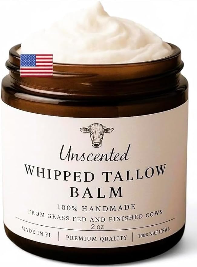 HANDMADE UNSCENTED Whipped Tallow Balm, 100% Natural Moisturizer from Grass-Fed Cows for Dry and Sensitive Skin. (2 oz, Unscented) - only one pure ingredient.