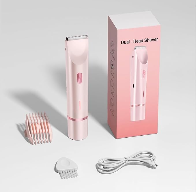 Bikini Trimmer for Women, 2-in-1 Painless Bikini Shaver with Ceramic Blade, Dual-Head Electric Shaver, Ipx7 Waterproof for Shower & Travel, Womens Electric Razor for Armpit Leg Body Facial, Pink