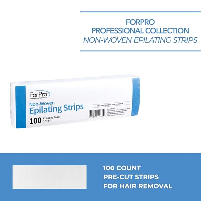 ForPro Professional Collection Non-Woven Epilating Strips, White, Tear-Resistant, Pre-Cut Strips for Hair Removal, 3” W x 9” L, 100-Count