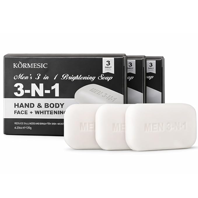 3 in 1 Men's Bar Soap, Natural Herb-Infused Scent, Moisture-Rich pH Balanced Cleanser for Face Body Hand, Hypoallergenic Vegan Whitening Soap for All Skin Types(4.23oz, 3-Pack)