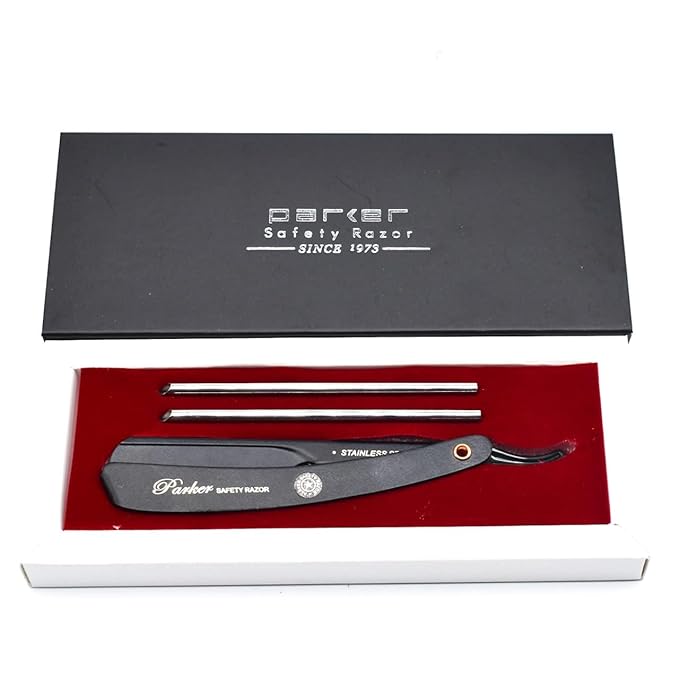 Parker PTABK Adjustable Stainless-Steel Barber Razor | 3 Blade Exposures (Low/Medium/High) | Straight Shavette with 5 Premium Platinum Refills | Black Stainless Steel Handle