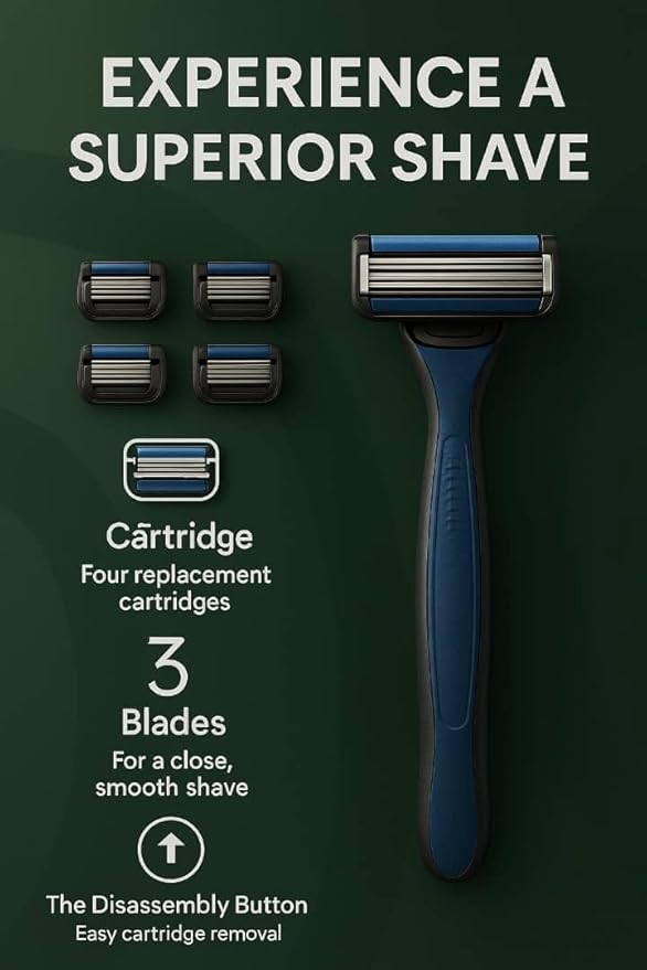 Men’s Razor System – Pivoting Triple-Blade Handle with Aloe Lubricating Strip, Nano-Coated Blades, Anti-Slip Grip + 4 Replacement Cartridges