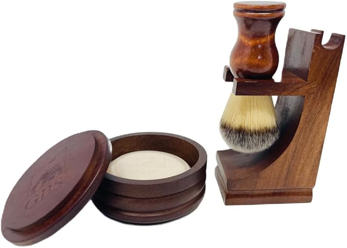 G.B.S GENTS Men's Wood Shaving Bowl & Shave Brush Set – Premium Shaving Kit with Stand, Synthetic Shave Brush & Signature All Natural Soap – Grooming Gift for Men,Wet Shaving Essentials