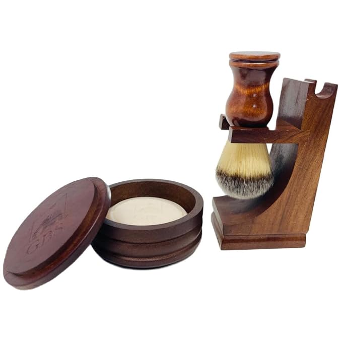 G.B.S GENTS Men's Classic Wooden Shaving Set Shaving Brush with Wooden Stand And 3.5 Inches Diameter Shaving Soap Bowl