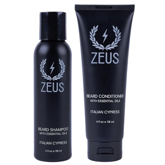 ZEUS Italian Cypress Beard Wash Set for Men, Shampoo & Conditioner Duo with Green Tea & Essential Oils, Hydrates, Softens & Strengthens Beard Hair (Made in USA)