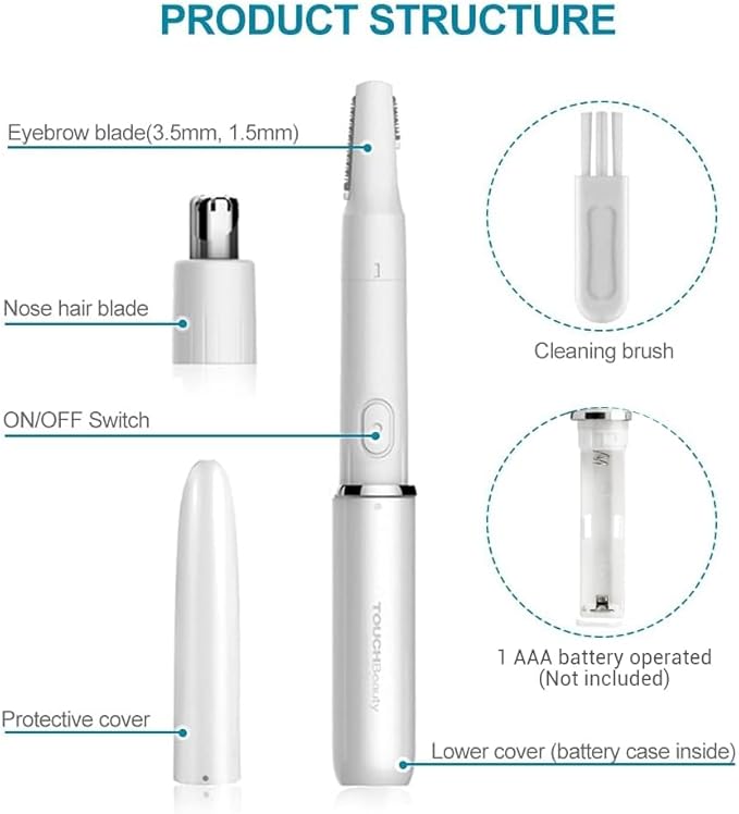 TOUCHBeauty Face Eyebrow Nose Ear Hair Trimmer, All-in-ONE Hair Remover for Women & Men, Dual Blades Shaver Battery Powered Upgraded Version TB-1458(White)