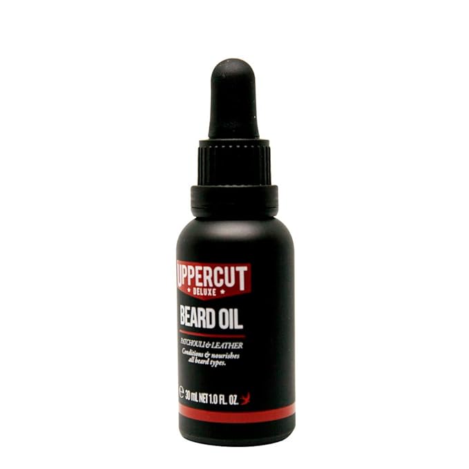 Uppercut Deluxe Beard Oil for Men, Lightweight Non-Greasy Beard Conditioner with Argan, Jojoba, Avocado & Rosemary Oils, Softens & Nourishes Beard, Patchouli Leather Scent, Beard Grooming Oil, 1 fl oz