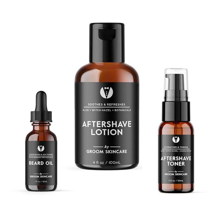 GROOM Men’s Skincare & Beard Care Bundle | After Shave Lotion, Toner & Beard Oil | Soothes Skin, Softens Hair, Fights Irritation & Flakes | 3-Piece Set