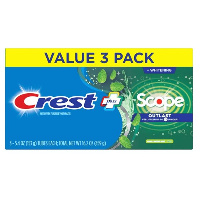 Crest Complete Whitening + Scope, Long Lasting Mint Toothpaste, Triple Pack (3 Count of 5.4 oz Tubes), 16.2 oz