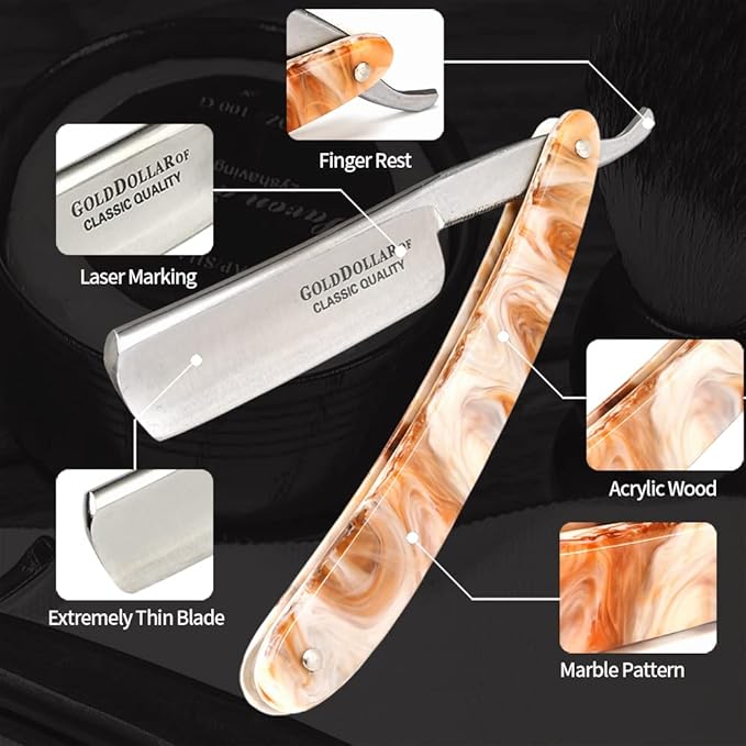 Straight Razor Shaving Kit Gold Dollar Acrylic Handle Retro Shaving For Men & Barber Shaving Ready Without Stabilizer