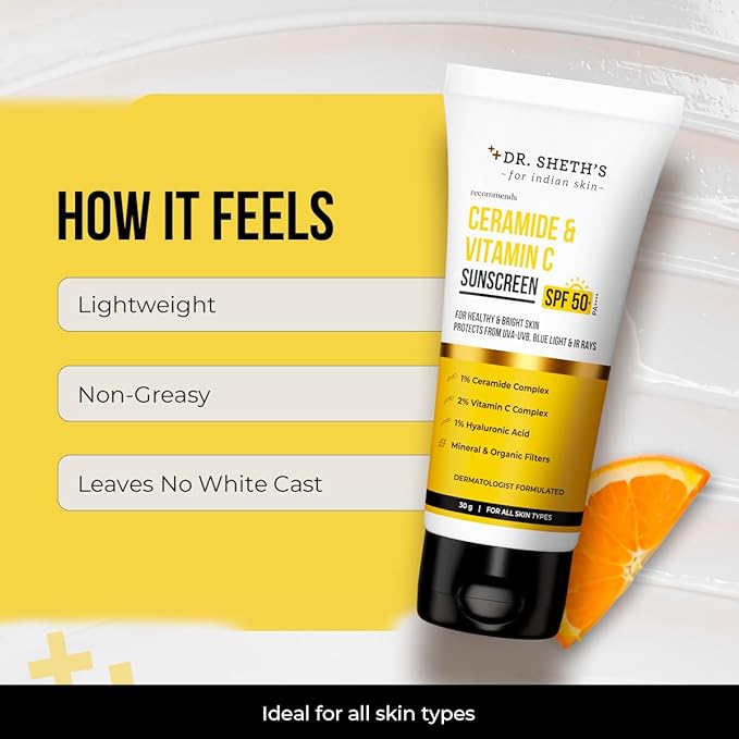 Dr. Sheth's Ceramide & Vitamin C Sunscreen | In-Vivo Tested | SPF 50+ Pa++++ | Healthy Glow | Non-Greasy, Quick-Absorbing | Women & Men | All Skin Types, 30G