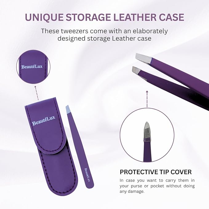 Premium Slant Tip Eyebrow Tweezer (Purple), Stainless Steel Precision Tweezers for Men & Women, for Facial Hair Removal, with Leather Case