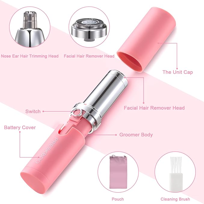 Nose Hair Trimmer for Women and Men,Facial Hair Removal,2 in 1 Facial Hair Remover,Electric Face Shaver Razor for Nose Ear Eyebrow Peach Fuzz Lips Chin,DermaplaningTool,Pink/UJH7