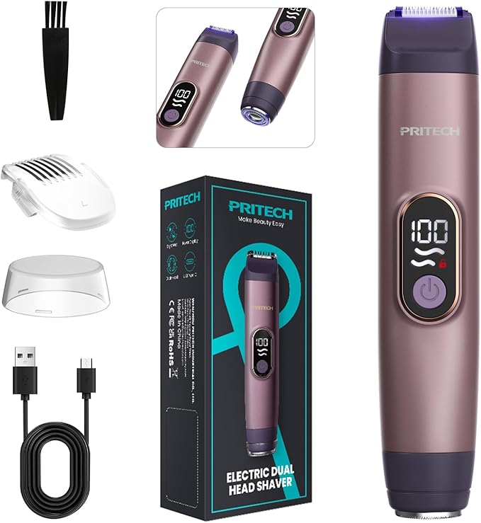 PRITECH Bikini Trimmer for Women, 2-in-1 Painless Electric Razors for Silk Skin, Portable Lady Shaver for Women Private Area, Face, Legs & Underarms, Wet/Dry LED