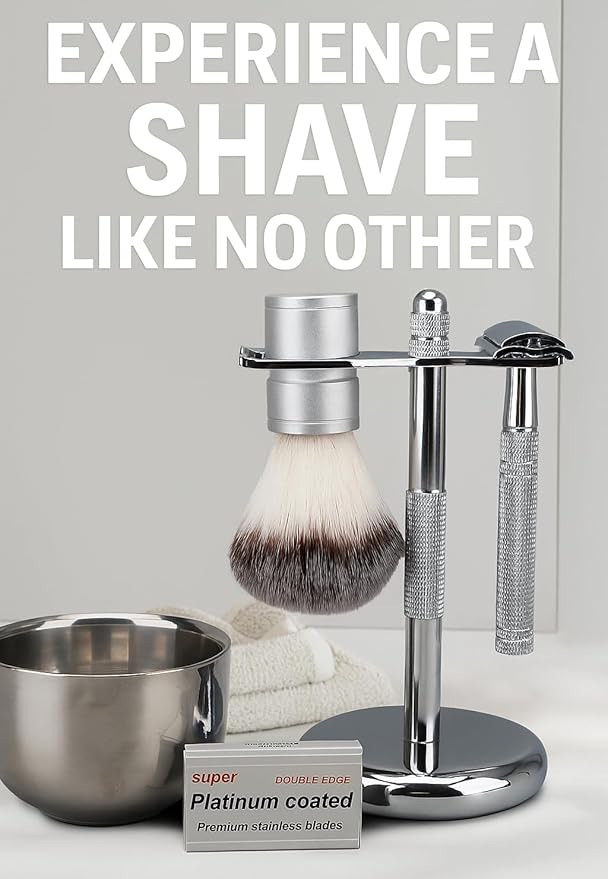 Men's Shaving & Grooming Set, Double Edge Safety Razor, Shaving Brush, Razor & Brush Stand,10 Blades, Shaving Bowl, Valentine Gift For Men, Gift for Fathers/Dads (Silver)