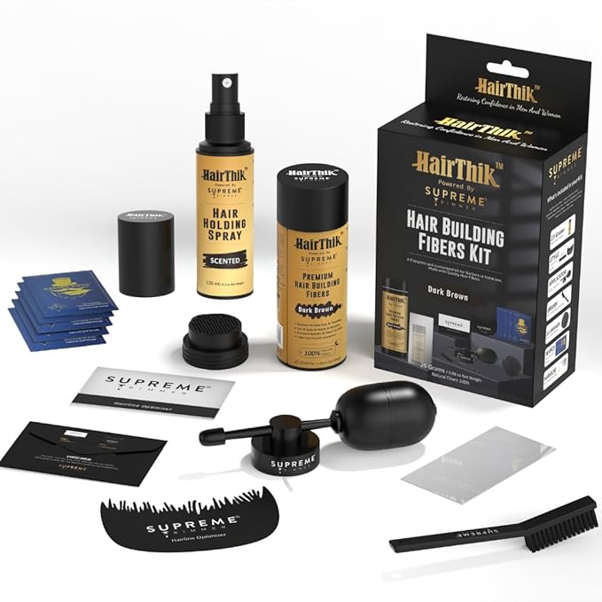 Supreme Trimmer Hair Fibers 9-in-1 Kit | 25G Keratin Fibers, Pump Nozzle, Hairline Cards, S&L Shaker, Brush, Wipes, Mirror, Hold Spray | Conceal/Thicken Thinning Hair in Men & Women | Dark Brown