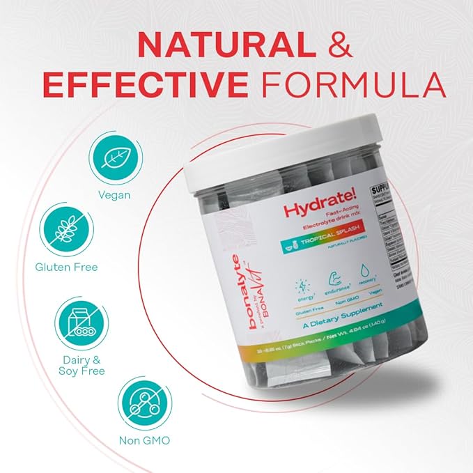 Electrolytes Powder Packets - 20 Stick Packs - Electrolytes Sugar Free - Tropical Flavour - Instant Hydration Packets - Running Essentials - Gluten Free, Non-GMO - BonaLyte
