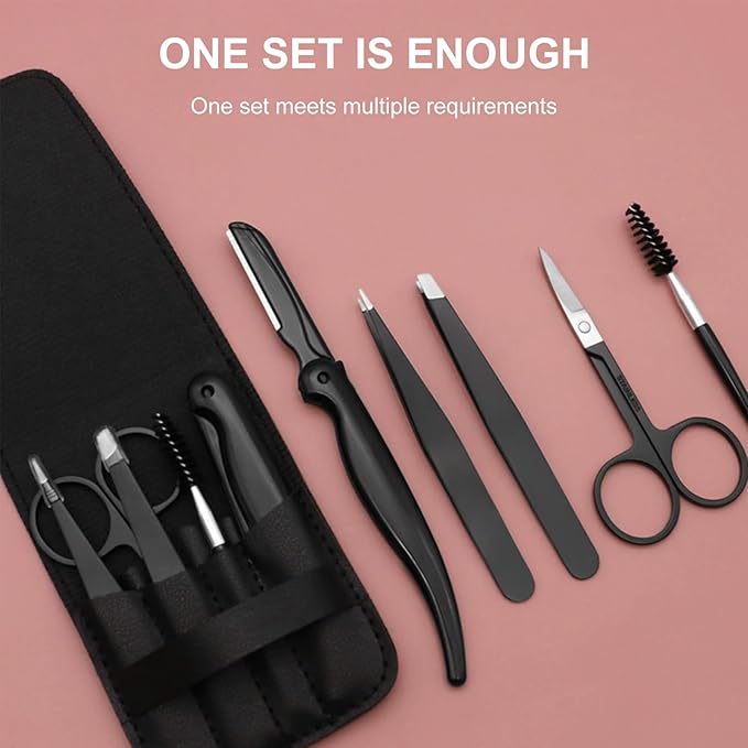 SetSail Professional 5-Piece Tweezers Set with Slant & Pointed Tips, Eyebrow Razor, Scissors, Spoolie - Black Stainless Steel Grooming Kit for Men & Women