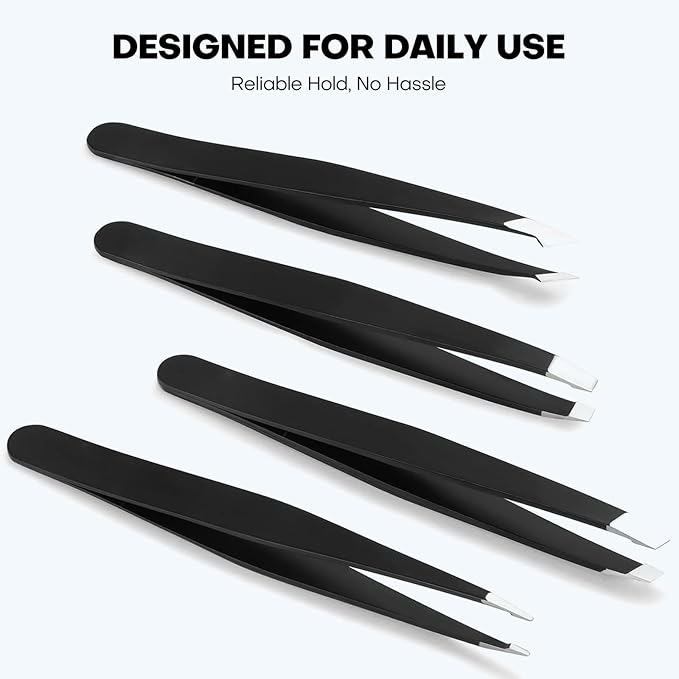 [4+1 Pack] Precision Tweezers Set with Travel Case, Professional Stainless Steel Eyebrow Tweezers for Women & Men, Multi-Purpose for Facial Hair & Ingrown Hair Removal